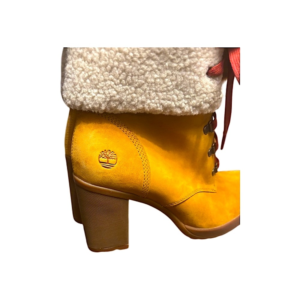 TIMBERLAND CAMDALE Fleece Fold-Down Tan Leather Heeled Boots Women’s 10 - Picture 6 of 11
